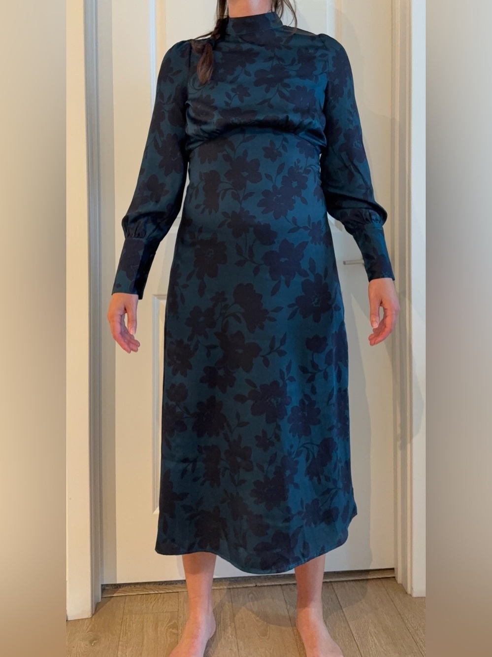 Victorian-style Teal & Black Floral Midi Dress